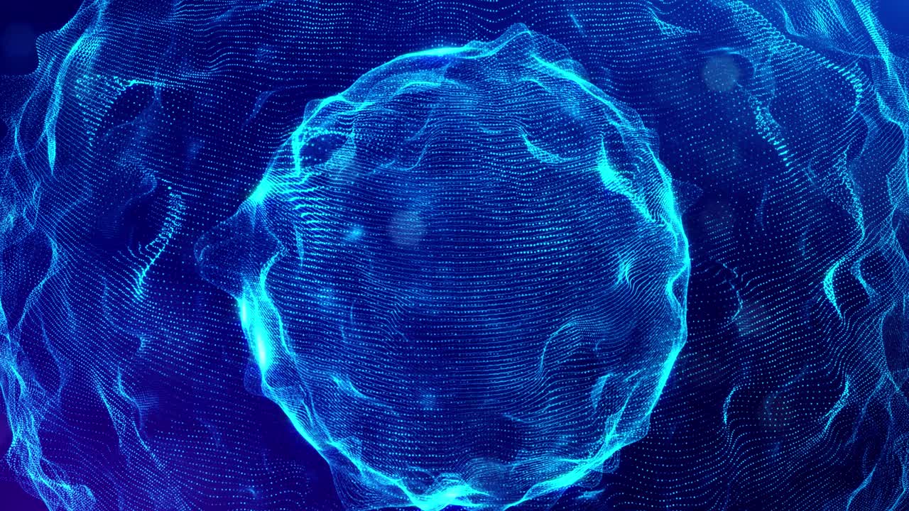 3d looped bg sci-fi background digital space with hologram spheres. Blue high tech field with glow particles form lines and waves on spherical surface. Hi-tech bg. DOF