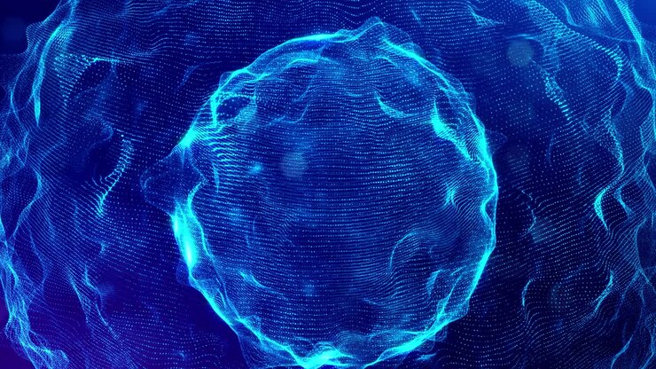 Sfondo sci-fi 3D in loop, spazio digitale con sfere olografiche. Campo blu ad alta tecnologia con particelle luminose che formano linee e onde su una superficie sferica. Profondità di campo.