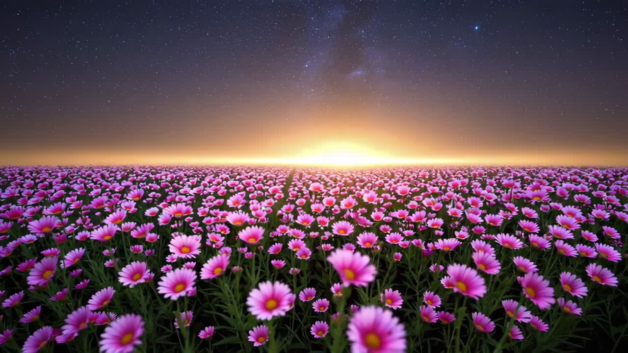 Pink and White Cosmos Field Under a Starry Night