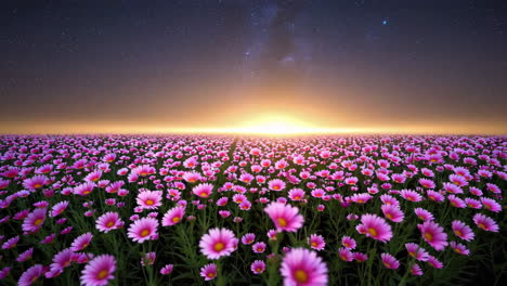 pink and white cosmos field under a starry night