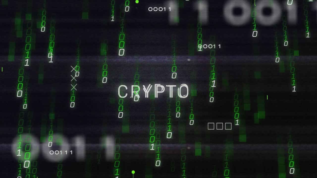 Animation of crypto text and binary coding data processing over circuit board