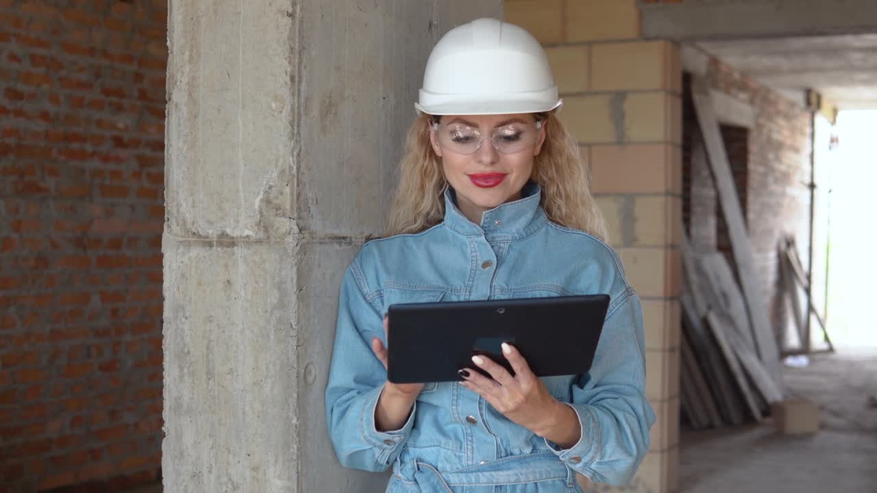 A female architect or mason stands in a newly built house with untreated walls and works on a tablet. Modern technologies in the oldest professions