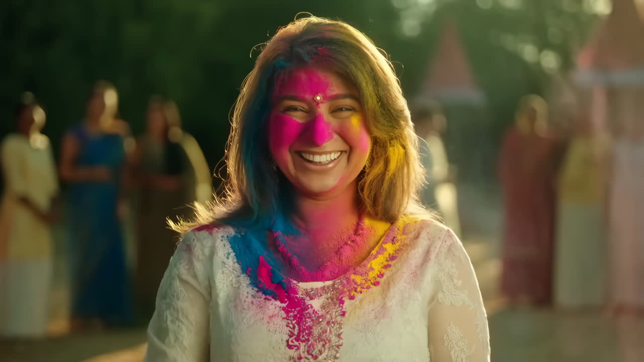 Donna gioiosa che celebra l'Holi con polvere colorata.