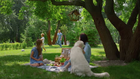 ocio familiar activo en un picnic en el parque. los padres se divierten con los niños y el perro.