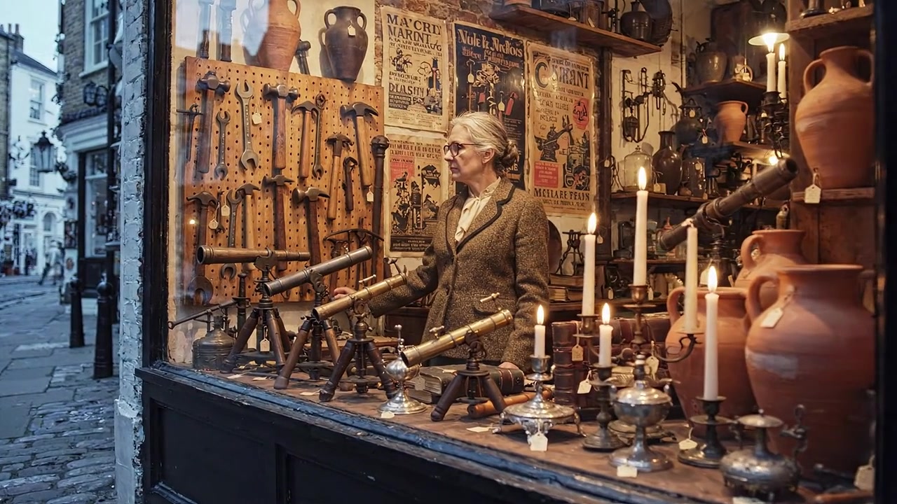 Výkladní skříň starožitnictví s detailními starožitnostmi, historickými nástroji a znalým obchodníkem obklopeným nostalgickou výzdobou.