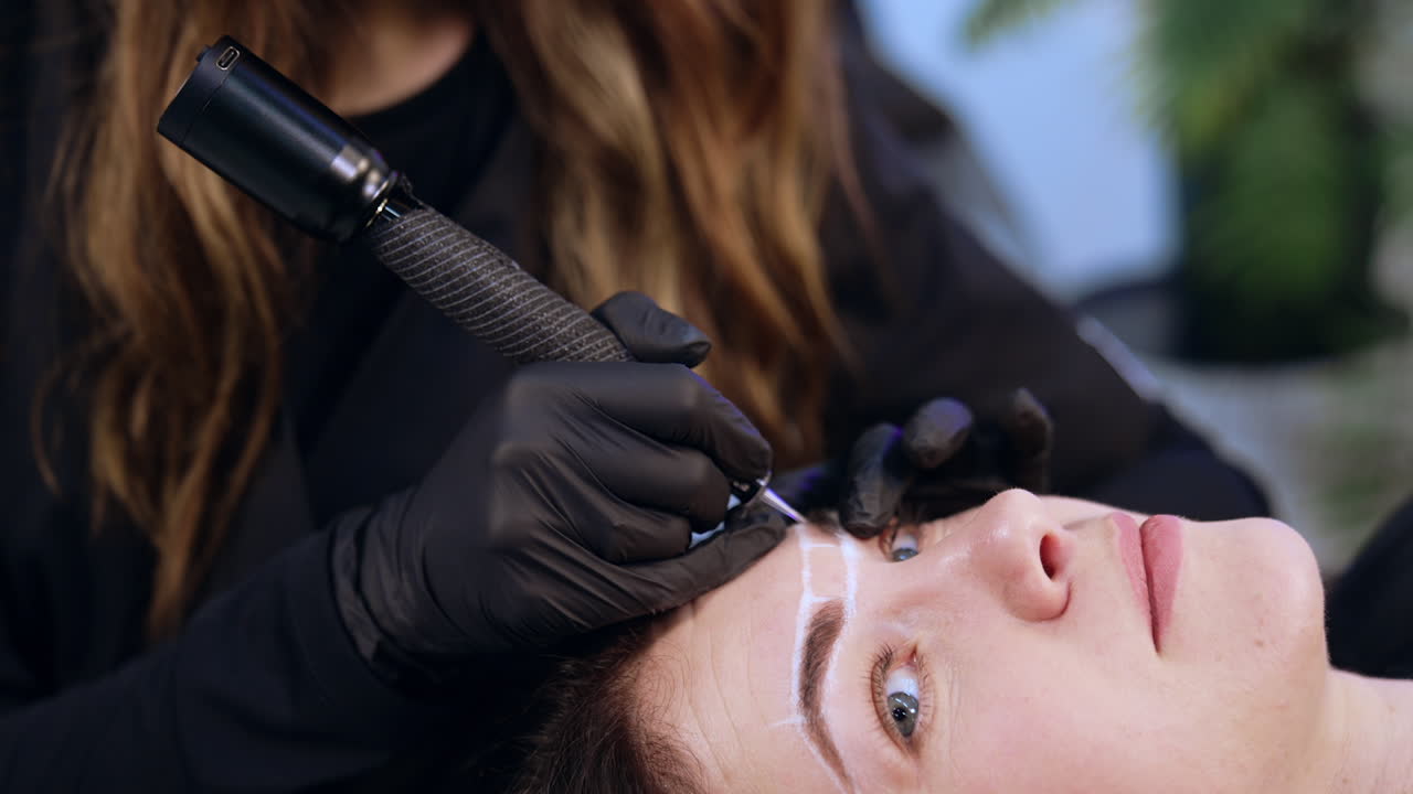 Brow master in black gloves applying special device. Female client having the procedure of permanent make up of eyebrows. Close up.