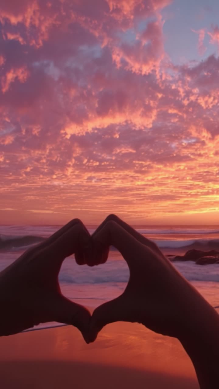 Um Pôr do Sol Romântico na Praia: Mãos Formando um Coração Contra um Céu Vívido Cheio de Belas Nuvens e Cores Quentes.