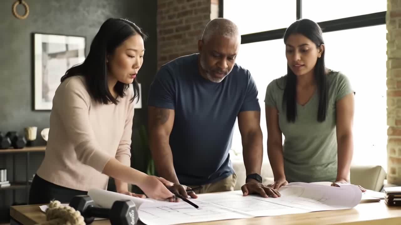 Three architects gather in a stylish office space to review detailed building plans. They actively exchange ideas and insights for their upcoming project, focusing on design elements.