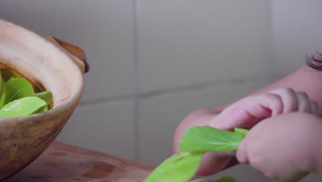 close up of young girls hands washing and preparing greens for eating vegetables in the kitchen