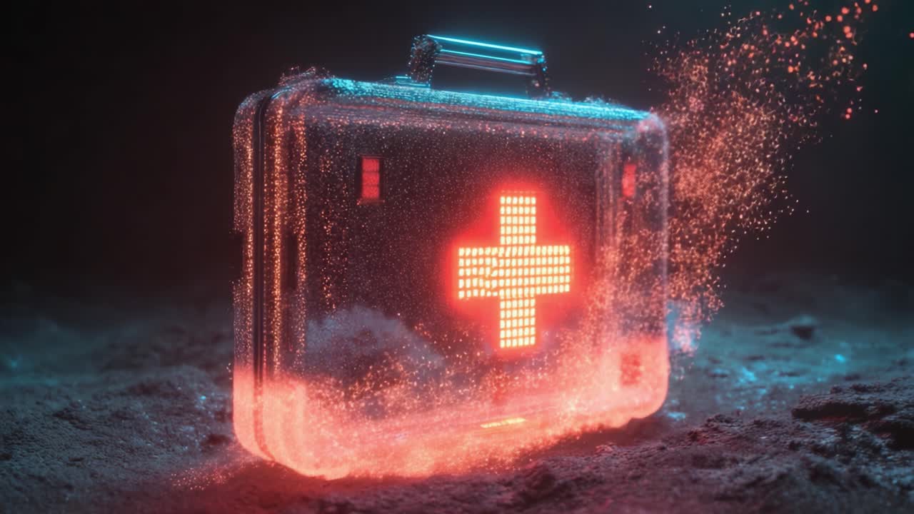 A Glowing Medical Kit Emerging from Particles in an Abstract Environment, Representing Emergency Preparedness and Health Care with a Bright Red Cross Symbol
