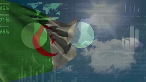 animation of financial data processing over flag of algeria