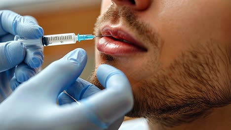 man receiving a cosmetic lip injection