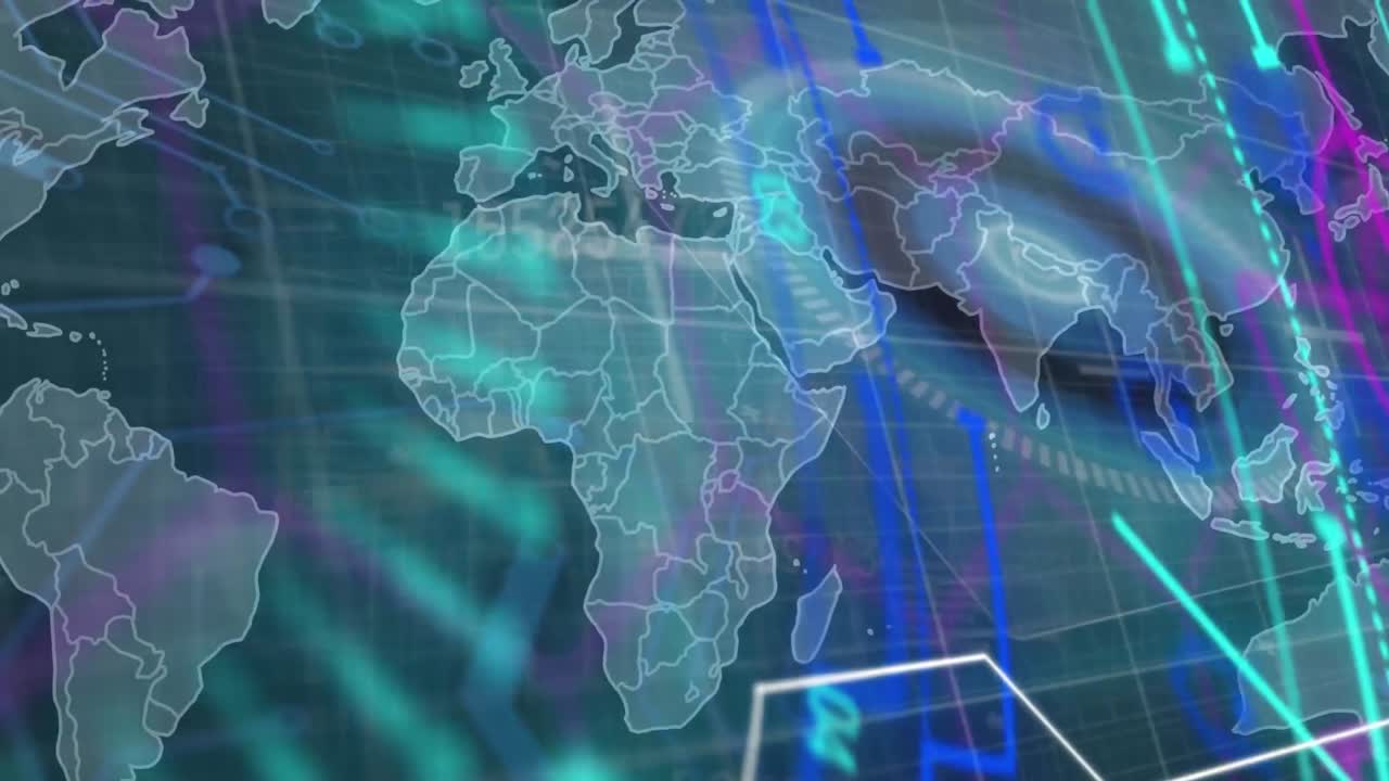 animación de números cambiantes, escáner redondo y conexiones de microprocesador contra el mapa del mundo.