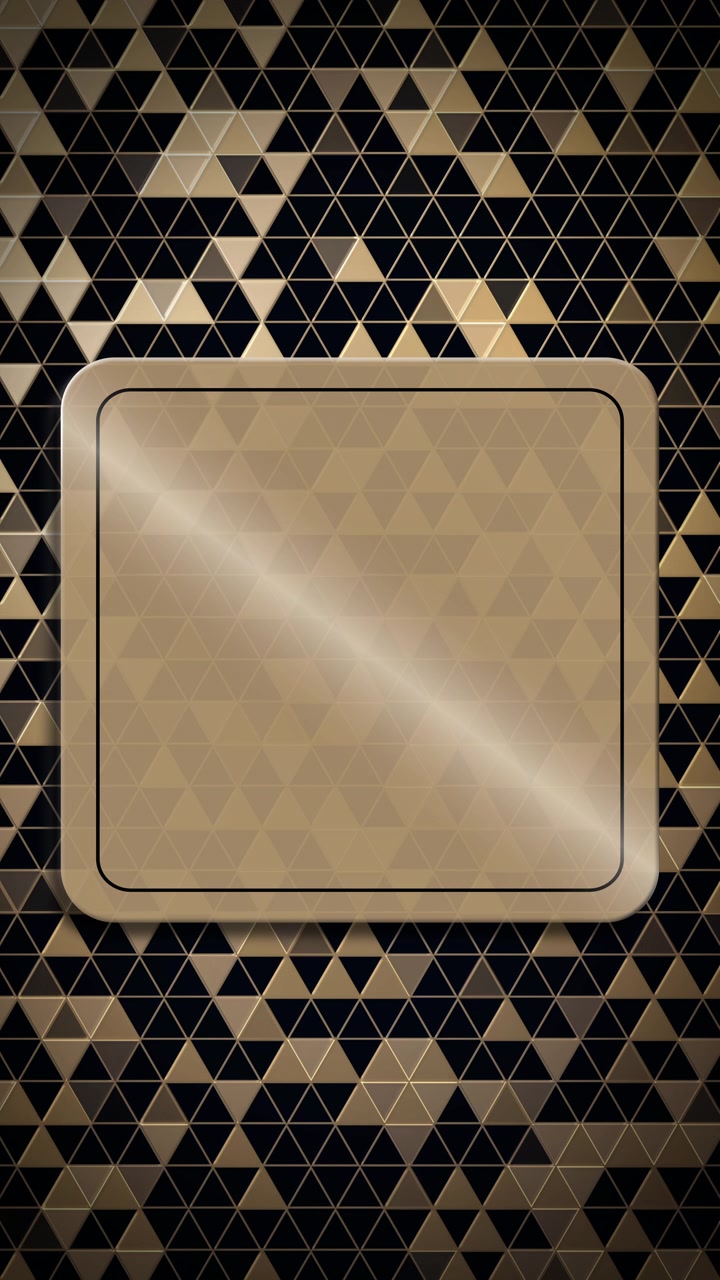 Vertical abstract layout with a background of small golden and black triangles overlaid with a large central glossy golden rounded rectangle plate. Luxury loop animation. Vertical video.