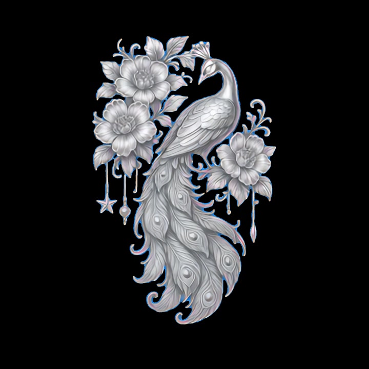 Ilustrace elegantního stříbrného páva a květinového ornamentu