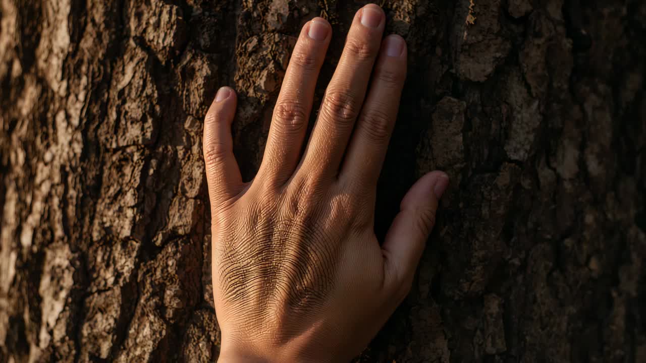 Reaching single adult hand pressing and shifting on mature tree trunk in park, feeling bark texture
