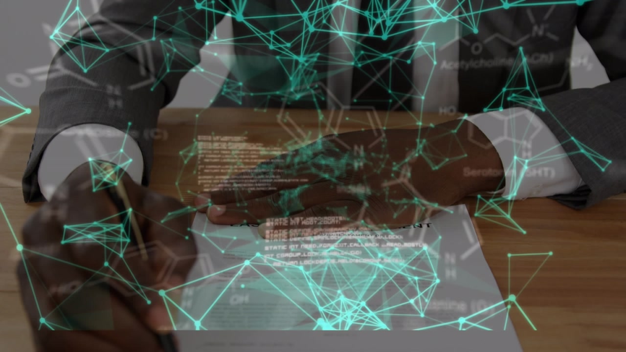 Animation of network of connections and data processing over african american man taking notes