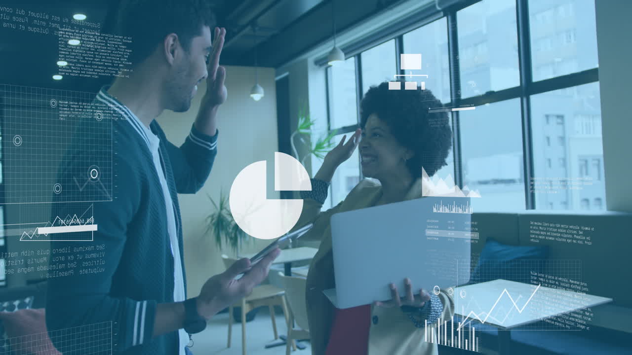 Animation of statistical data processing over diverse man and woman high fiving each other at office