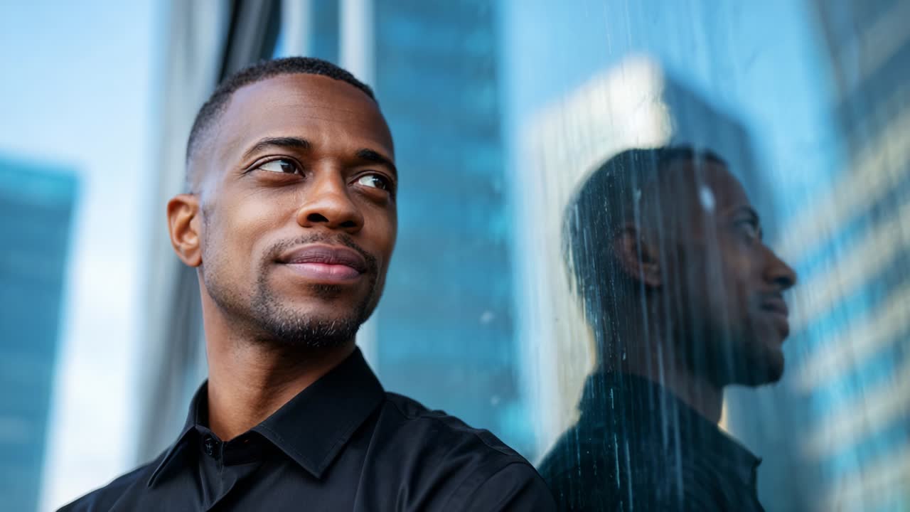 A thoughtful moment captured as a confident man stands beside a reflective glass surface amidst a modern urban backdrop, exuding poise and introspection, with the city’s architecture subtly framing his expression