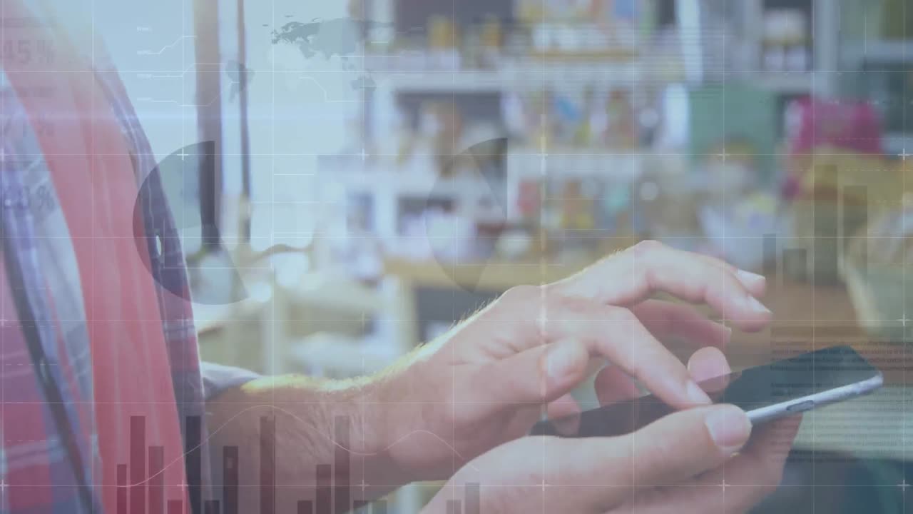 스마트폰을 사용하는 사람 위에서 금융 데이터 처리의 애니메이션