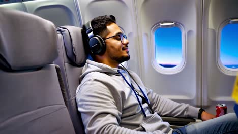 a man wearing headphones is sitting in an airplane seat