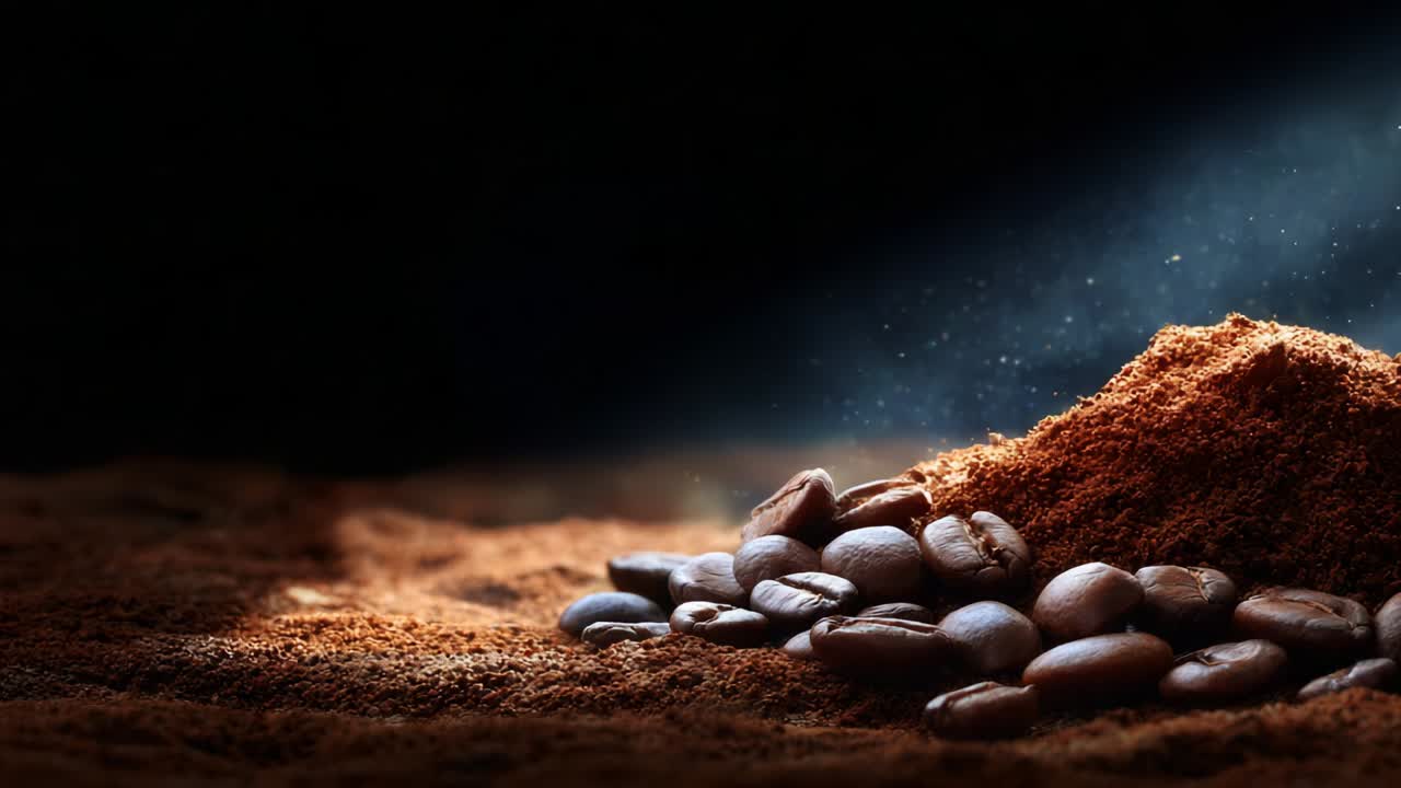 Dramatic Scene Featuring Ground Coffee and Whole Coffee Beans in Soft Lighting, Captured to Highlight Textures and Rich Color Depth, Emphasizing the Aromatic Experience of Freshly Brewed Coffee