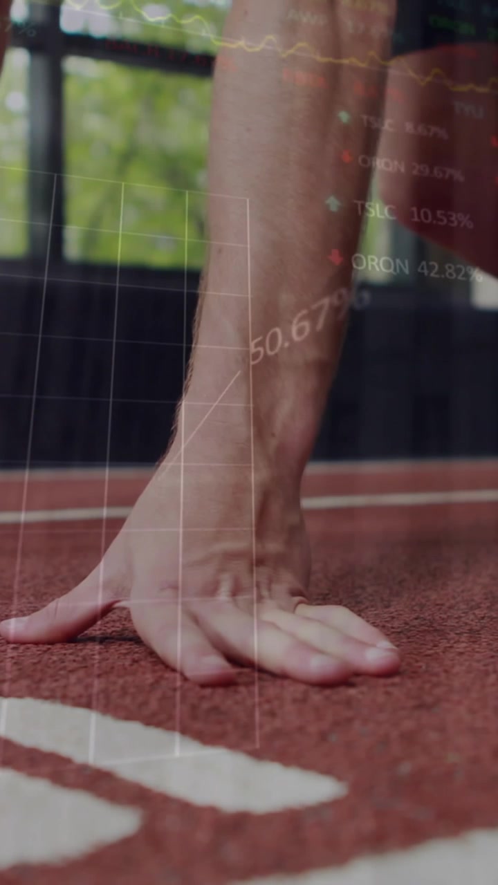 Animation of financial data processing over exercising caucasian man