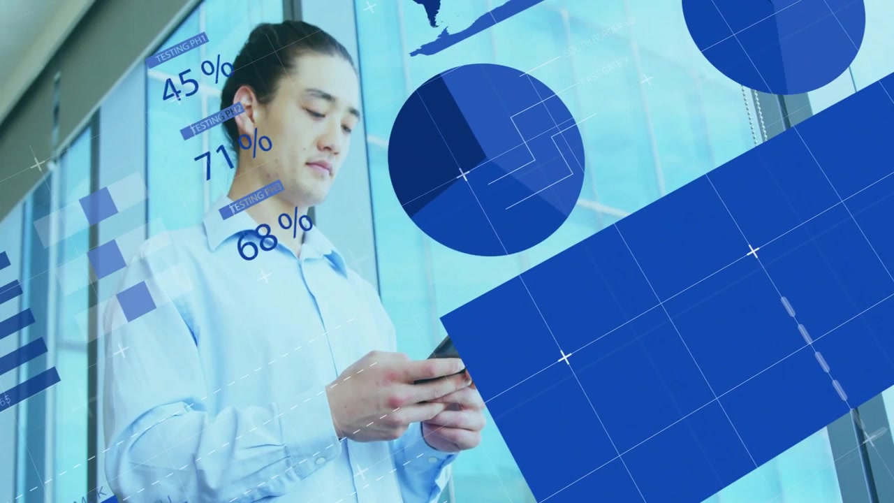 窓際でスマートフォンをスクロールする会社員、金融の棒グラフと円グラフのオーバーレイが表示される。