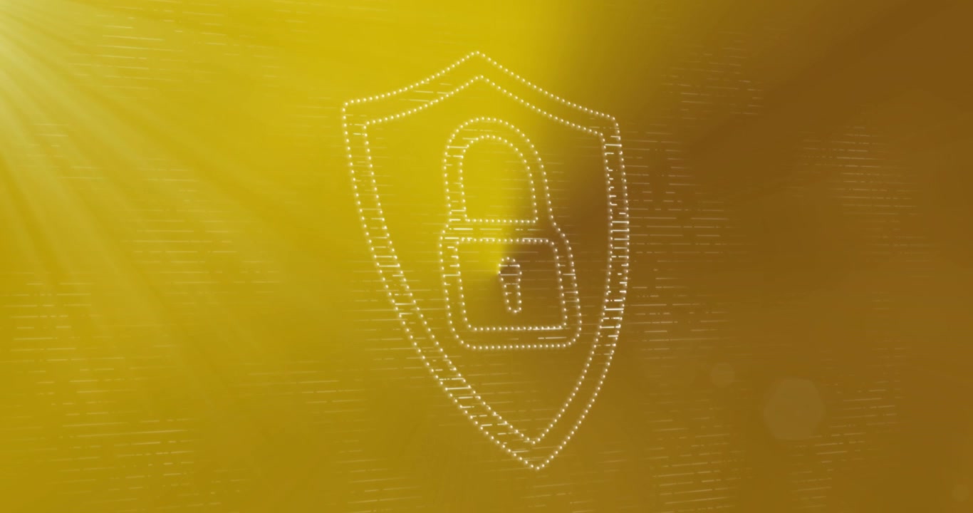 Animazione di lucchetto e scudo con linee in movimento su sfondo giallo.