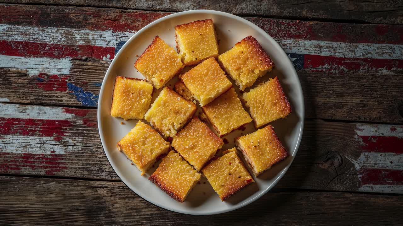 cuadrados de pan de maíz caseros en un plato rústico