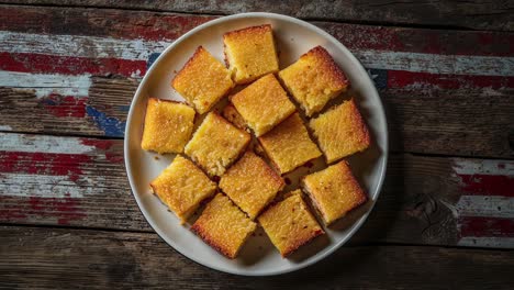 homemade cornbread squares on a rustic plate