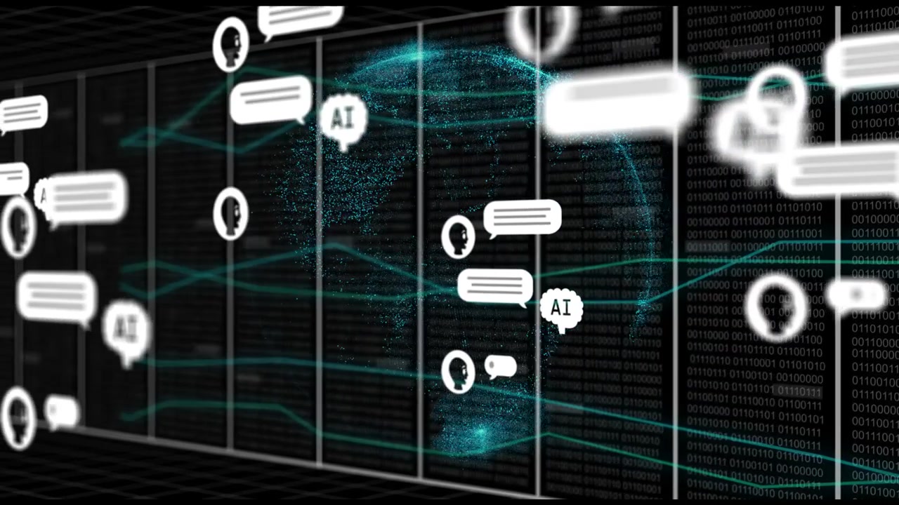 Single icon appearing, globe and chat icons multiplying, flowing across rack panels showing data