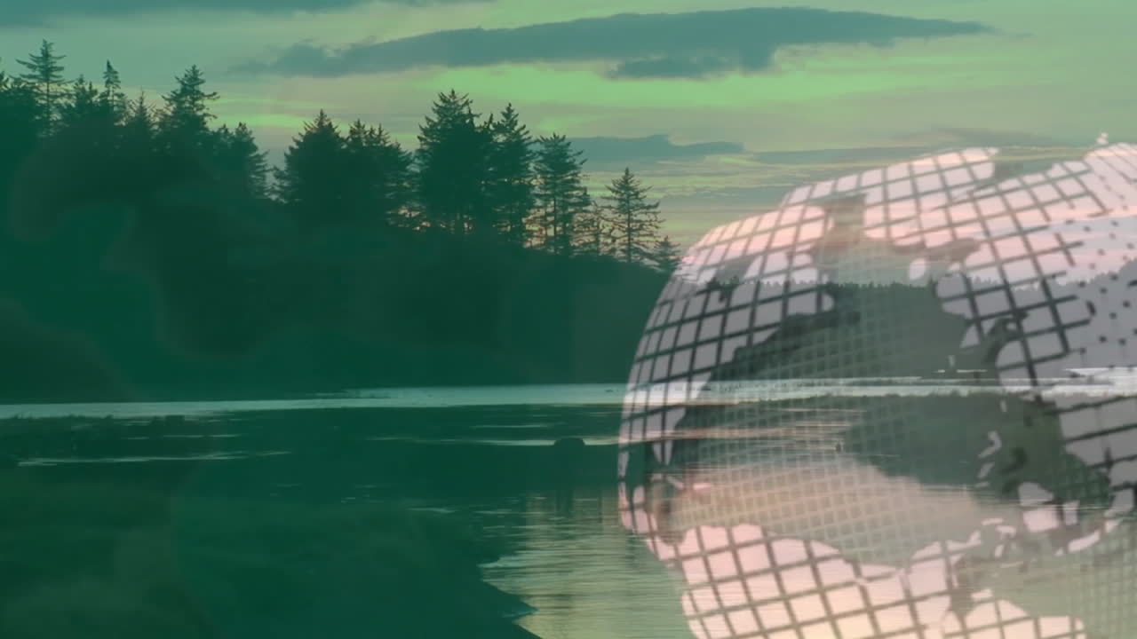 Wireframe globe displaying world map grid, hovering over calm coastal waters and rocky shore