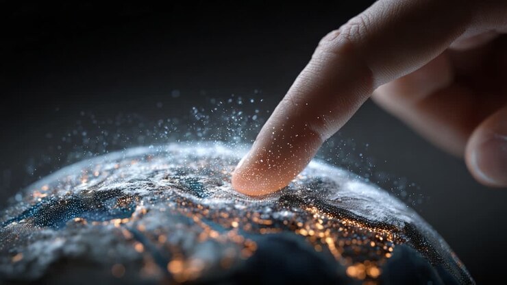 A Close-Up View of a Finger Touching the Earth, Illuminating the Planet with a Mystical Glow, Signifying Connection and Awareness of Global Matters