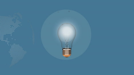 animation of lightbulb icon and world map on blue background