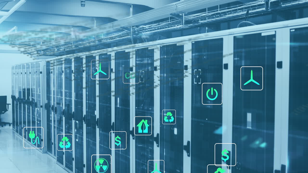 animación de iconos ecológicos y procesamiento de datos a través de servidores informáticos.