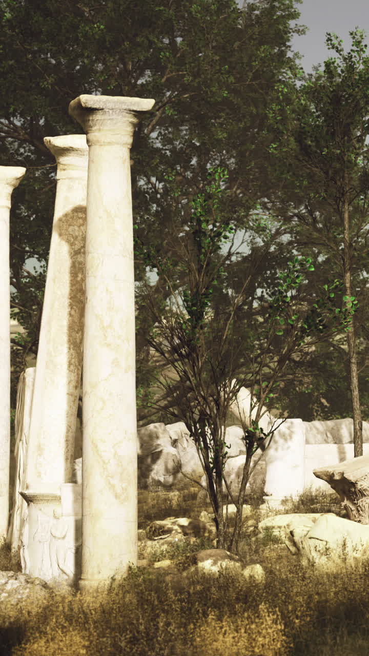 Antiche colonne si ergono in un sito dimenticato, immerso nel verde e nella pietra