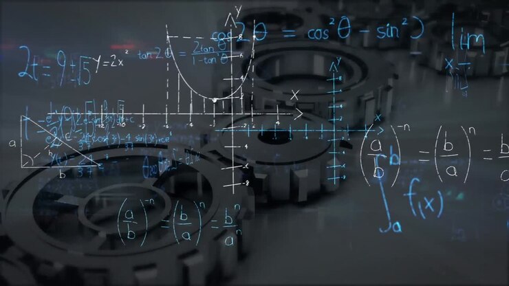 Animation af matematiske ligninger over roterende tandhjulsikoner mod en grå baggrund