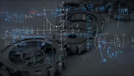 animation of mathematical equations over spinning gear icons against grey background