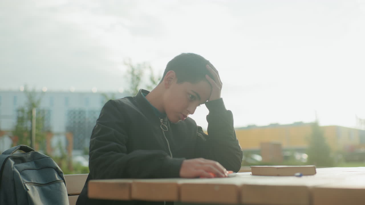Annoyed kid sitting outdoors slams pen on wooden table in frustration, expressing irritation and stress during study session, with backpack and book beside him in urban environment