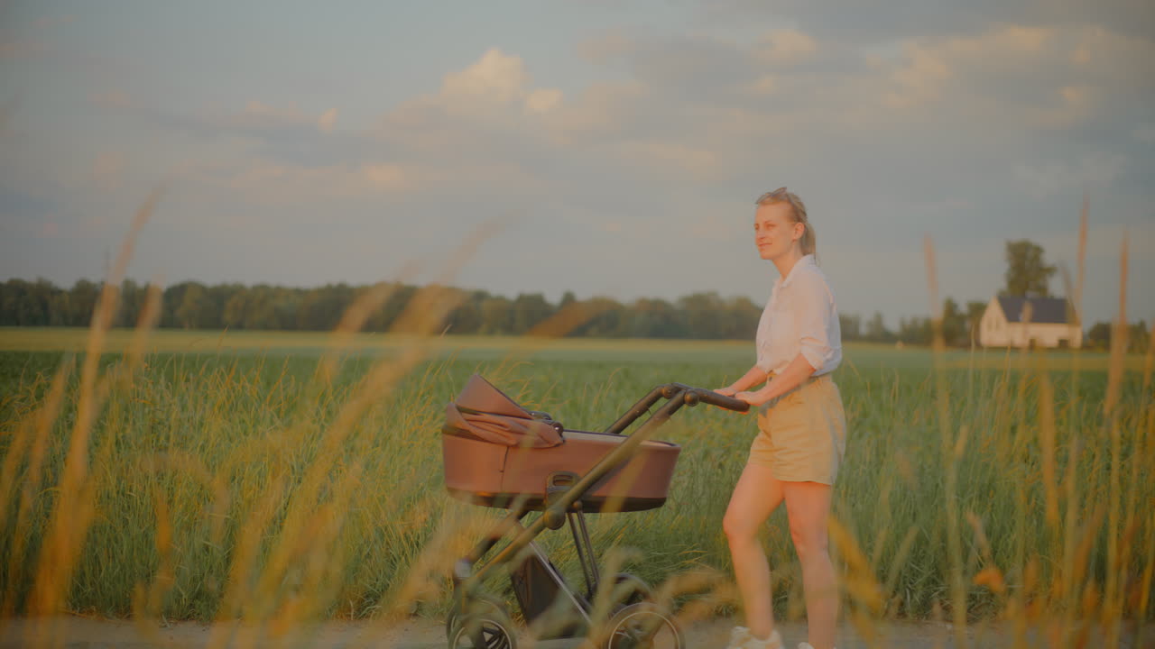 Woman Walking with Baby Stroller in Scenic Rural Setting
