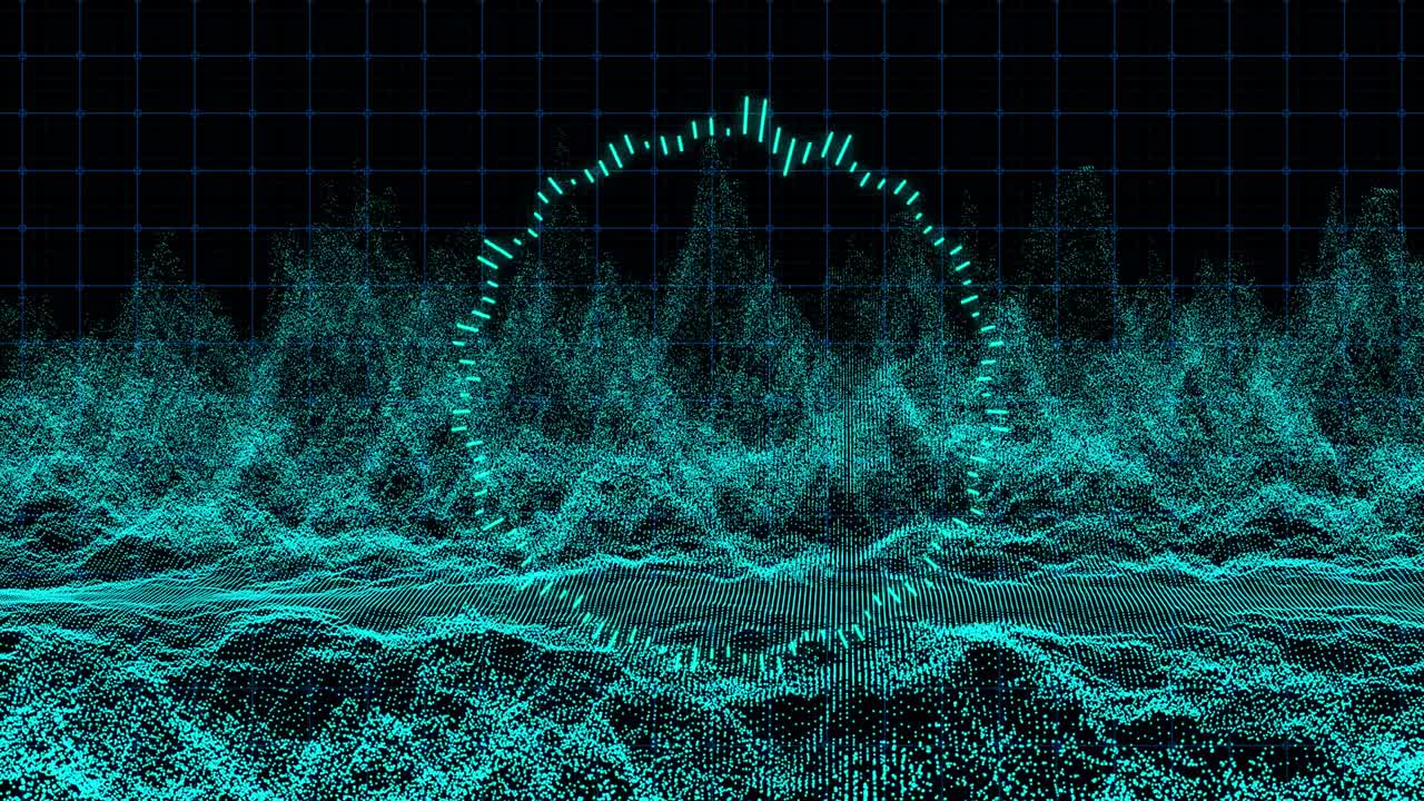 4K Abstract dark background with moving loop texture particles.Motion graphic Backdrop of ball dot Animation of seamless.Digital blue-green color audio sound wave light loopable. footage video.