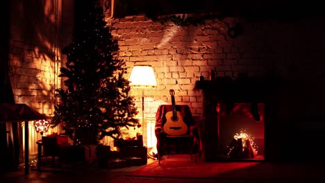 winter holiday installation with fire place and christmas tree in loop footage