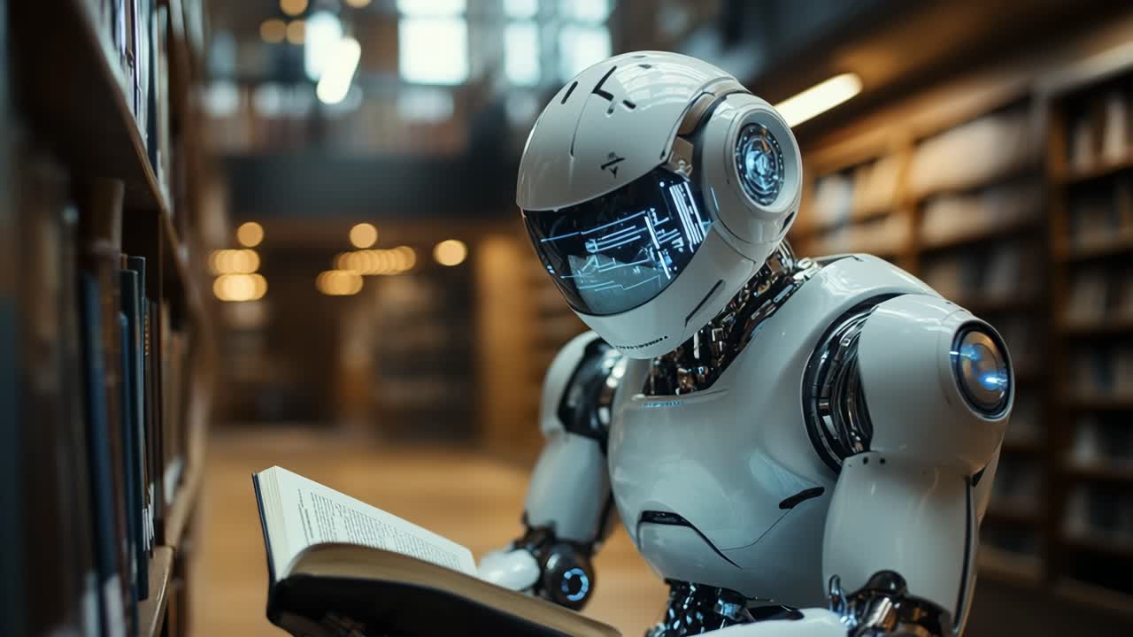 Robot studying in modern library setting. A robot sits in a contemporary library, intently reading a book amidst tall shelves filled with literature.