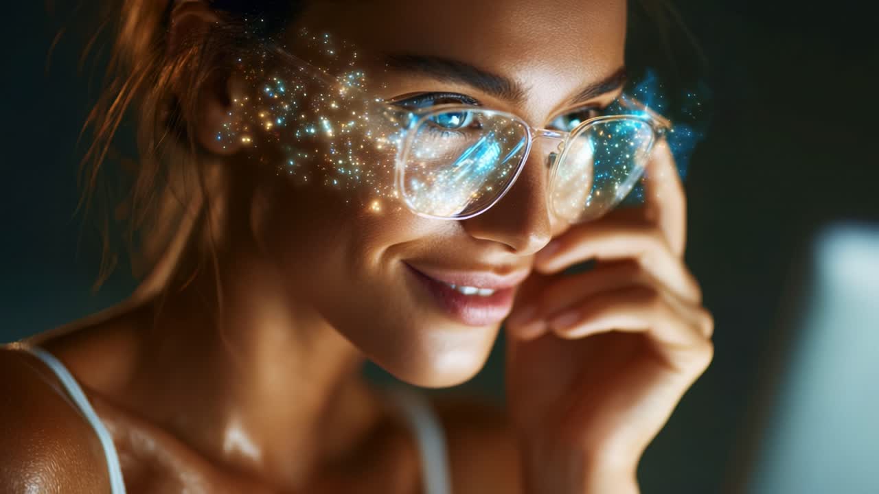 A close-up view of a smiling woman wearing glasses with a starry digital effect reflecting in the lenses, showcasing a blend of beauty and technology in a captivating, futuristic atmosphere