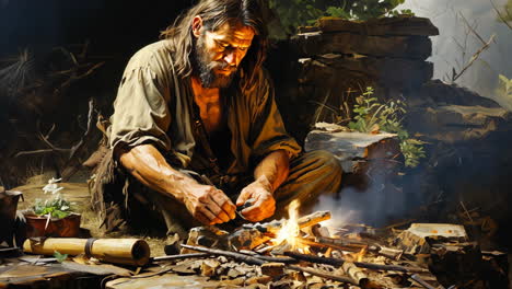 crafting fire in the wilderness at dusk with natural surroundings
