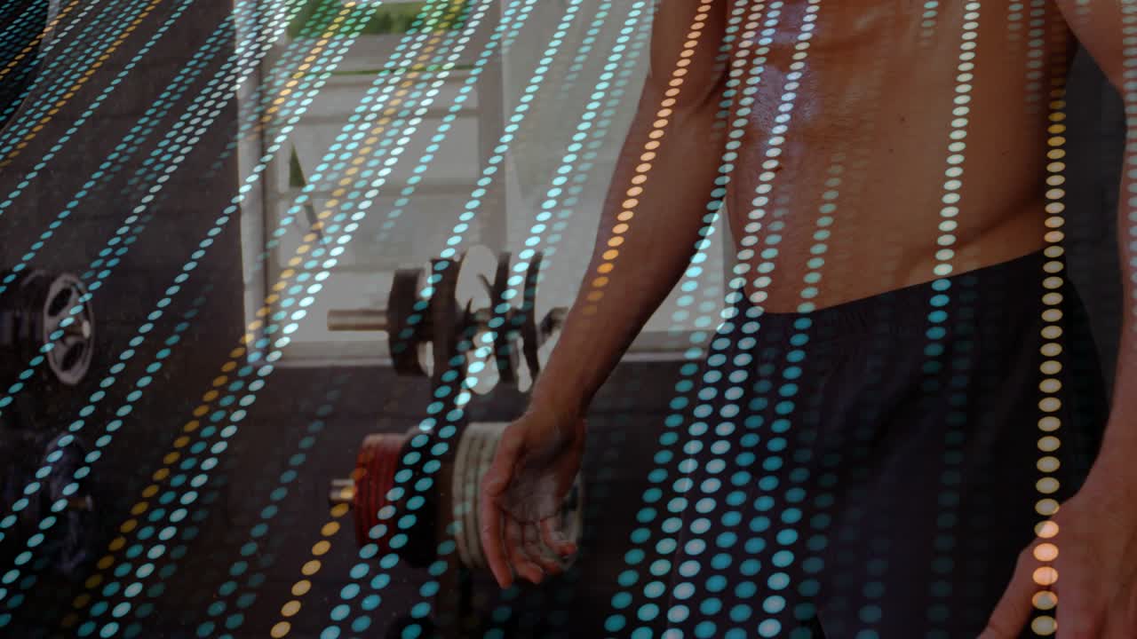 Man reaching toward kitchen dish rack, inspecting and aligning cup for tidying under dotted overlay