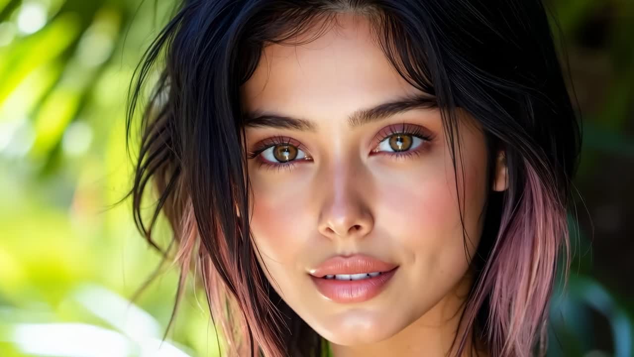 una mujer con cabello rosa y ojos azules está posando para una foto