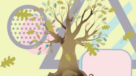 Animación-De-Una-Ilustración-De-Hojas-De-Roble-Verde-Que-Pasan-Junto-A-Un-árbol-Sobre-Formas-Geométricas-En-Amarillo