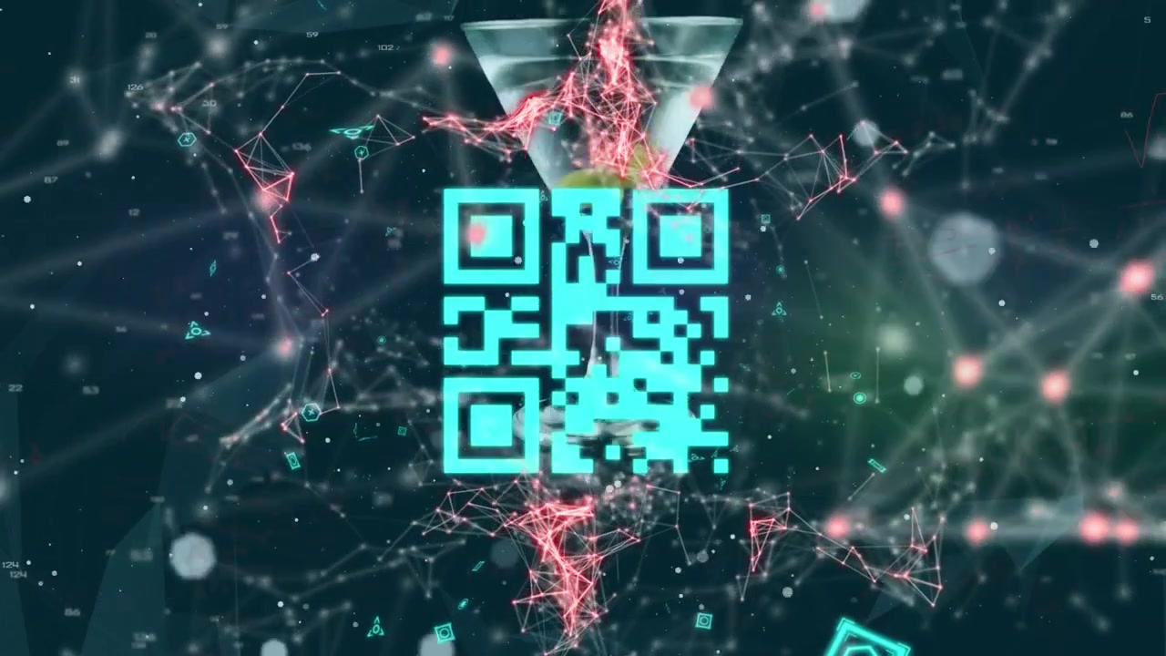 Animation of neon qr code, white spots and network of connections against cocktail glass